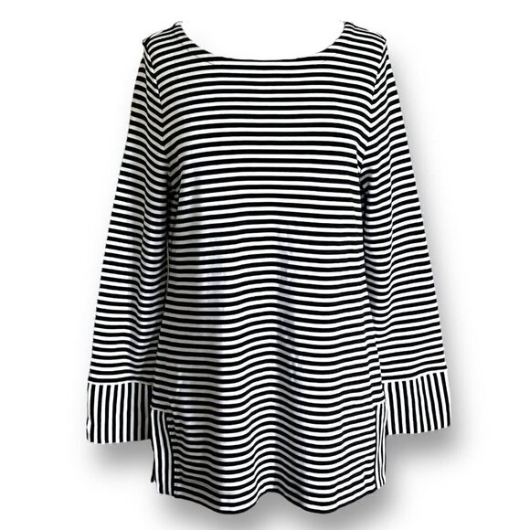 Talbots Womens Tunic Top Sz L Black White Stripe Cotton Pullover Blouse Nautical - Picture 1 of 6